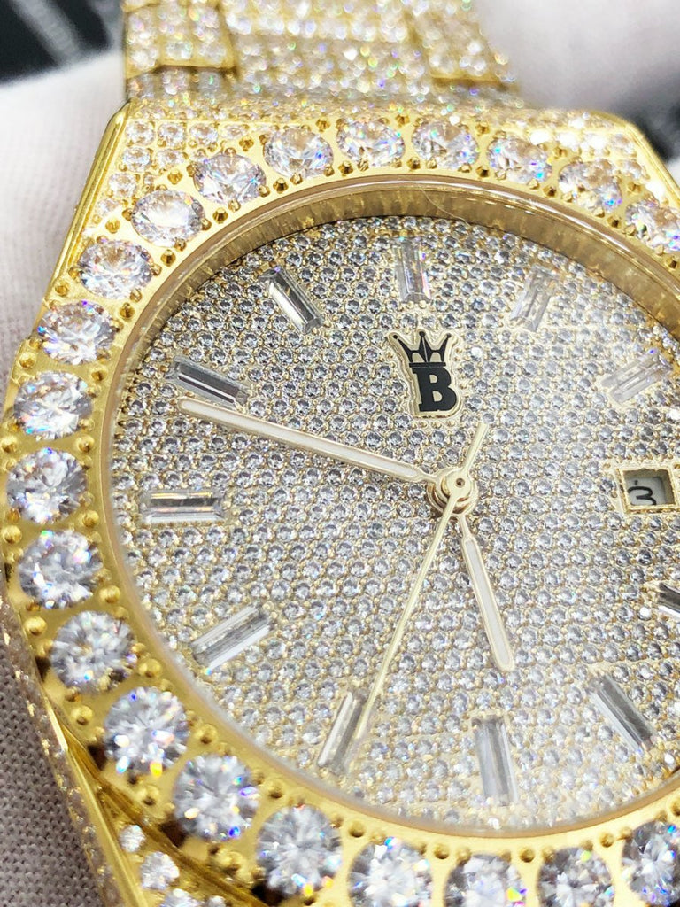 Moissanite Crown Iced Out Hip Hop Bling Bustdown Watch 50 Carats White Gold HipHopBling