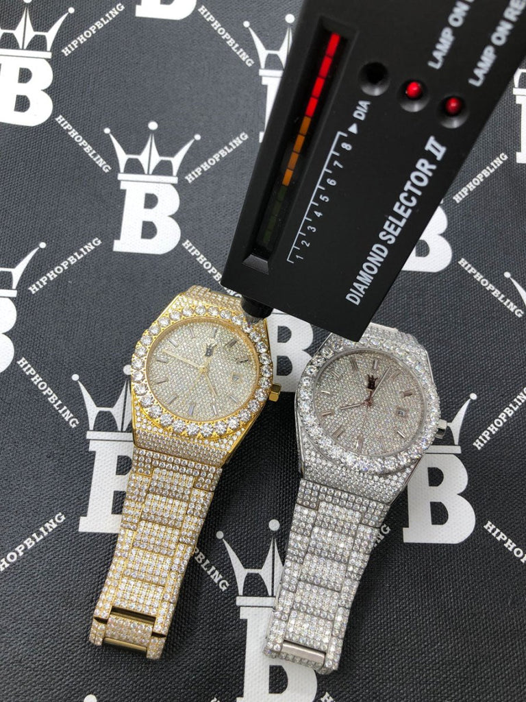 Moissanite Crown Iced Out Hip Hop Bling Bustdown Watch 50 Carats White Gold HipHopBling