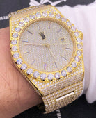 Moissanite Crown Iced Out Hip Hop Bling Bustdown Watch 50 Carats Yellow Gold HipHopBling