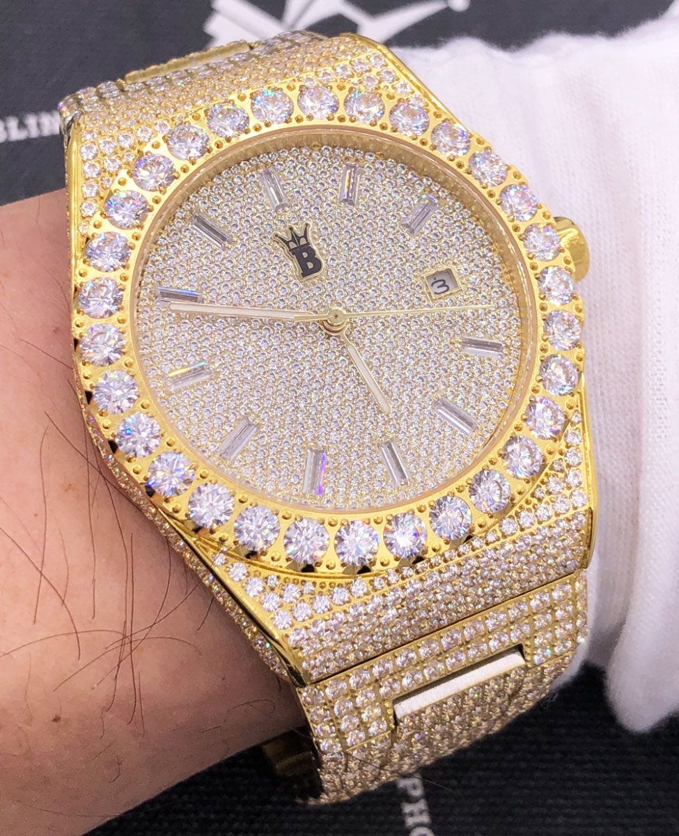 Moissanite Crown Iced Out Hip Hop Bling Bustdown Watch 50 Carats Yellow Gold HipHopBling