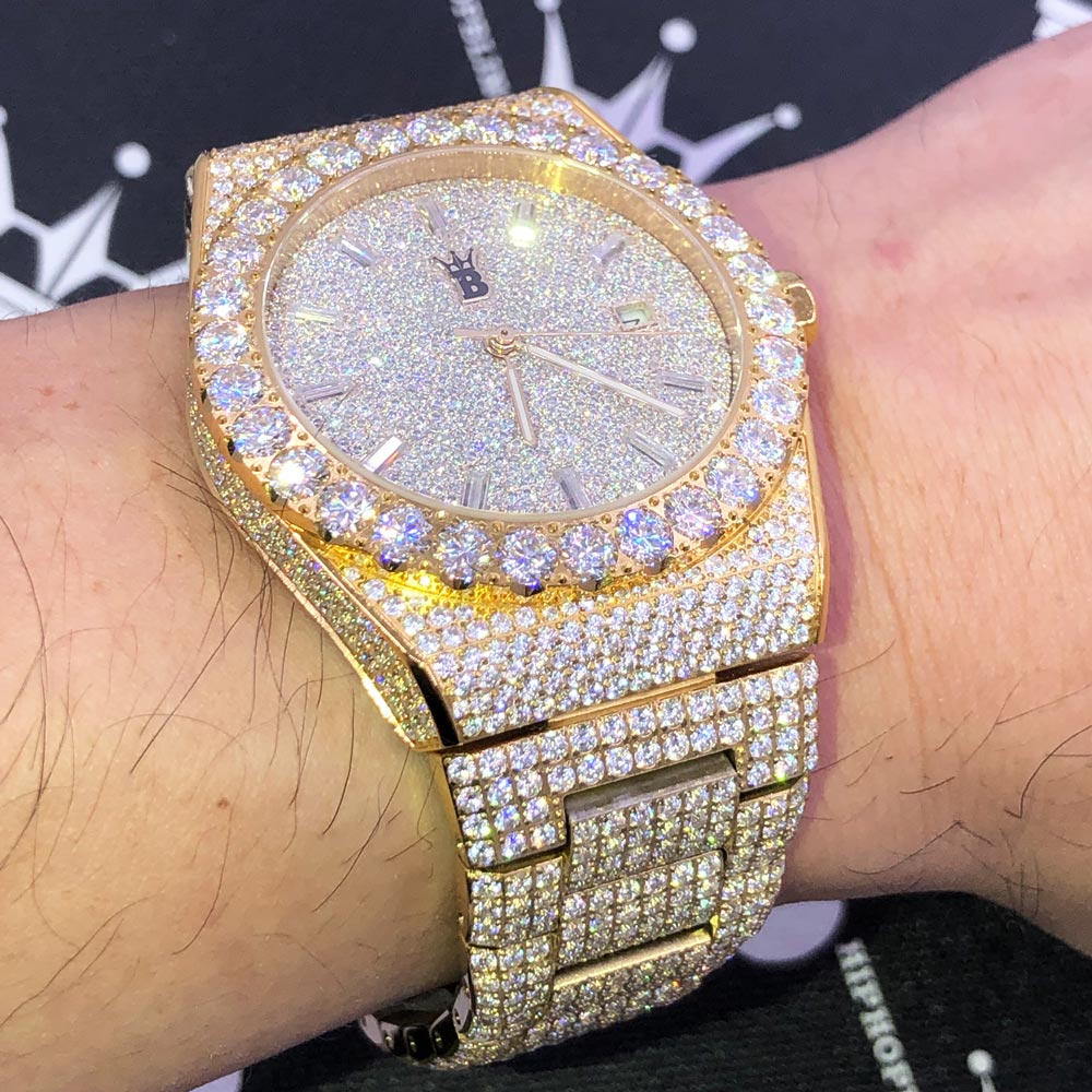 Moissanite Crown Iced Out Hip Hop Bling Bustdown Watch 50 Carats Yellow Gold HipHopBling