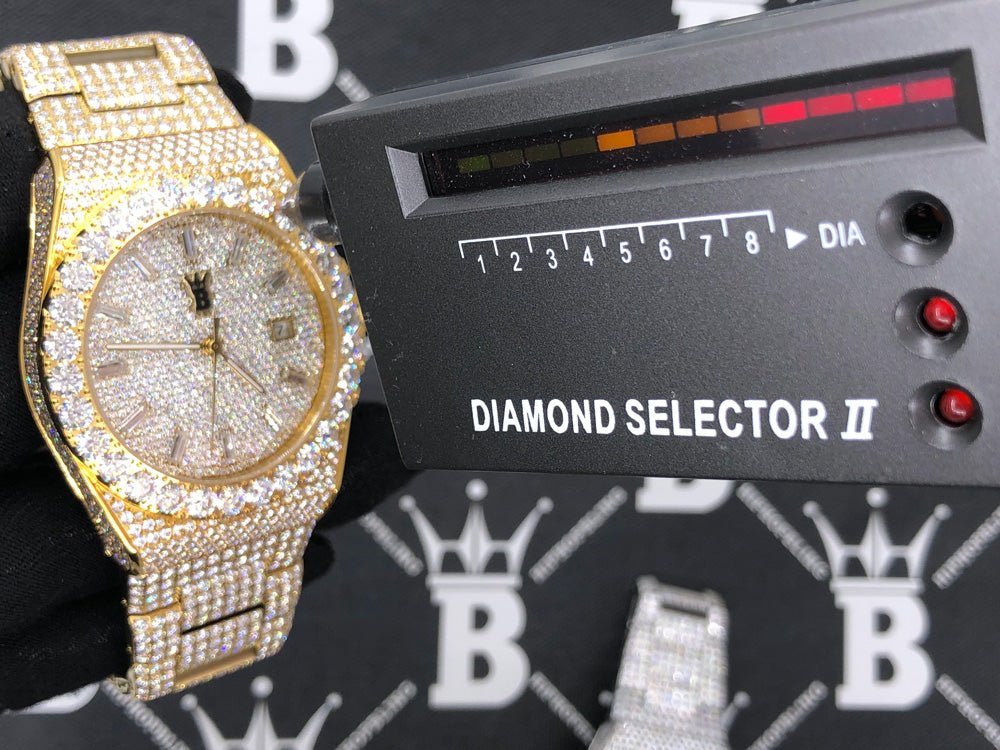 Moissanite Crown Iced Out Hip Hop Bling Bustdown Watch 50 Carats Yellow Gold HipHopBling