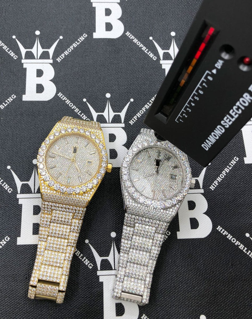 Moissanite Crown Iced Out Hip Hop Bling Bustdown Watch 50 Carats Yellow Gold HipHopBling
