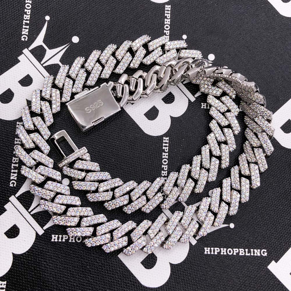 Moissanite Cuban Sharp Link Iced Out Chain 15MM .925 Sterling Silver 18" HipHopBling