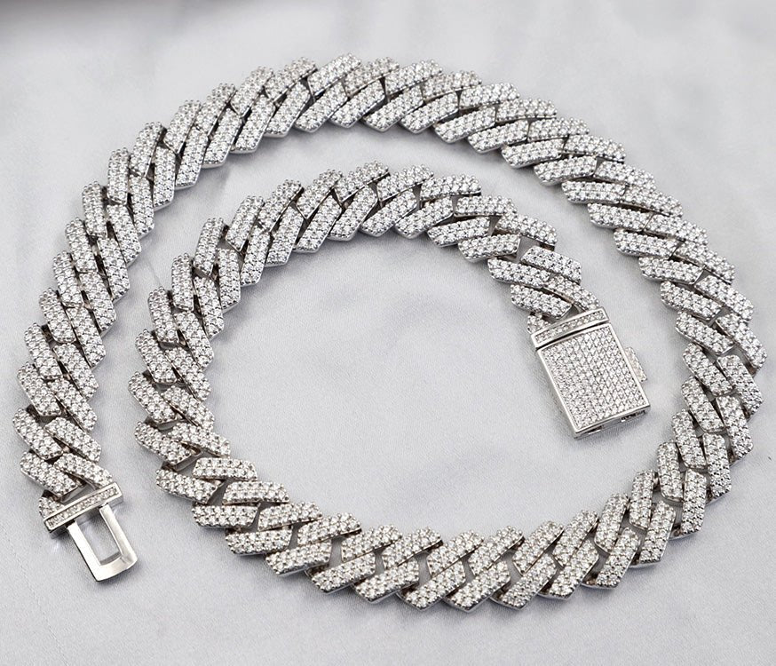 Moissanite Cuban Sharp Link Iced Out Chain 15MM .925 Sterling Silver 18" HipHopBling