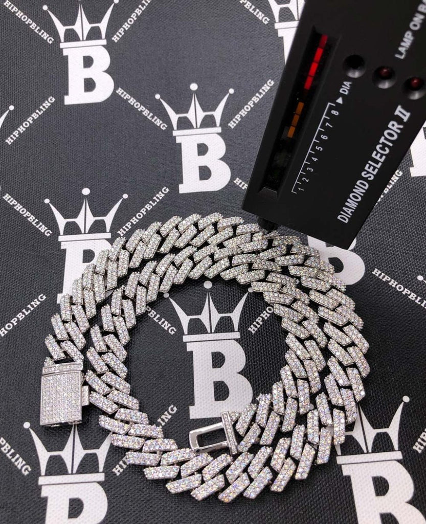Moissanite Cuban Sharp Link Iced Out Chain 15MM .925 Sterling Silver 18" HipHopBling