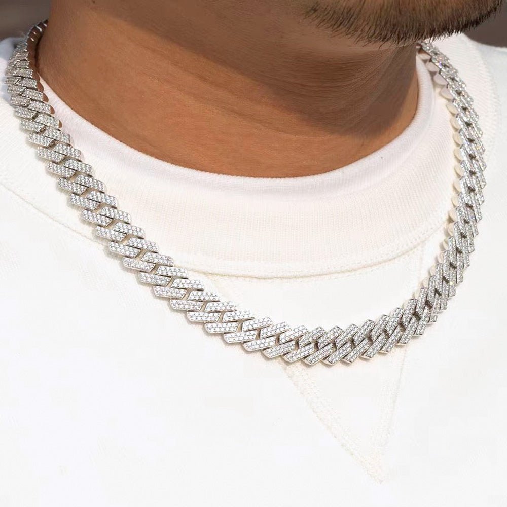 Moissanite Iced Out Cuban Chain Sharp Link 13MM .925 Sterling Silver 18" HipHopBling