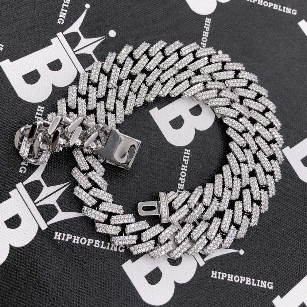 Moissanite Iced Out Cuban Chain Sharp Link 13MM .925 Sterling Silver 18" HipHopBling