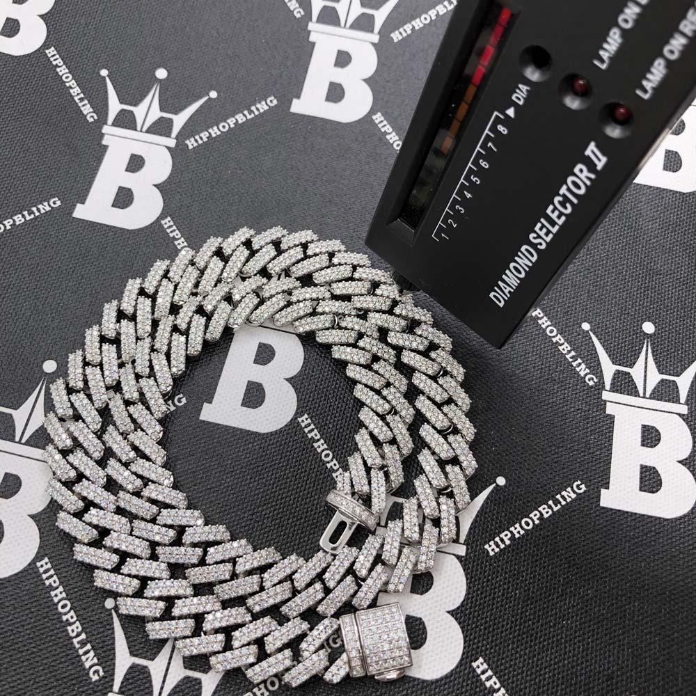 Moissanite Iced Out Cuban Chain Sharp Link 13MM .925 Sterling Silver 18" HipHopBling