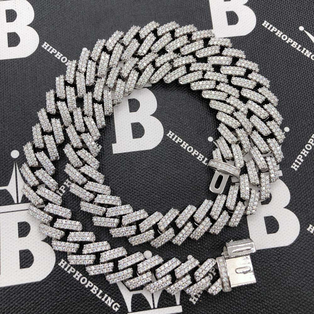 Moissanite Iced Out Cuban Chain Sharp Link 13MM .925 Sterling Silver 18" HipHopBling