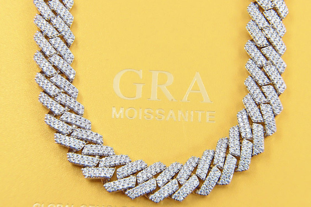 Moissanite Iced Out Cuban Chain Sharp Link 13MM .925 Sterling Silver 18" HipHopBling