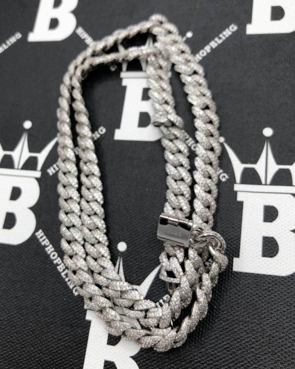 Moissanite Iced Out Miami Cuban Chain Link 9MM .925 Sterling Silver 18" HipHopBling