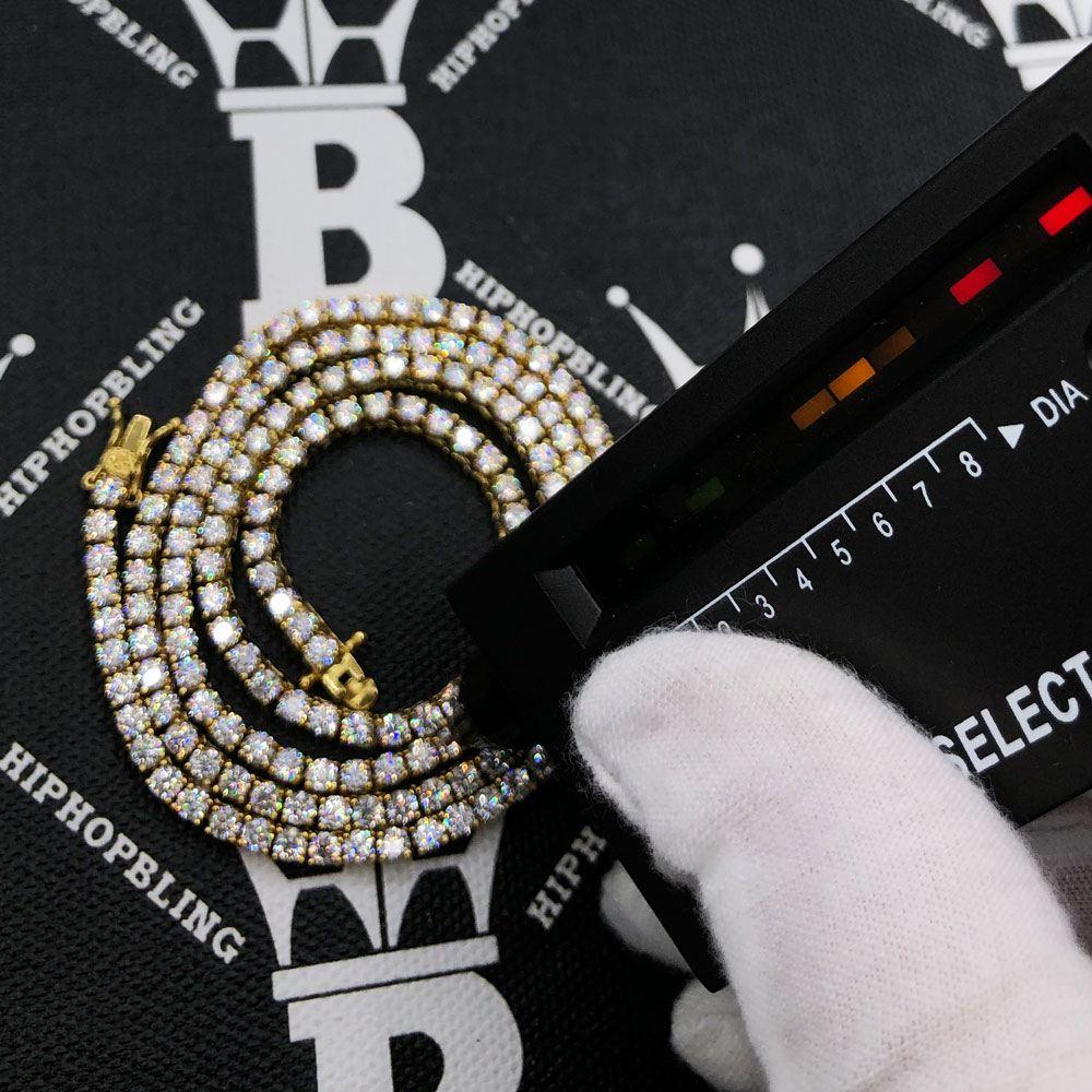 Moissanite VVS D Ideal Cut Tennis Chain in .925 Sterling Silver 3MM 18" Yellow Gold HipHopBling