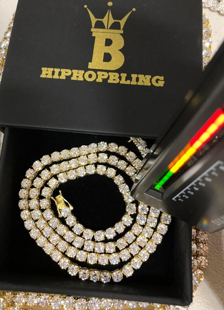 Moissanite VVS D Ideal Cut Tennis Chain in .925 Sterling Silver 4MM 18" Yellow Gold HipHopBling