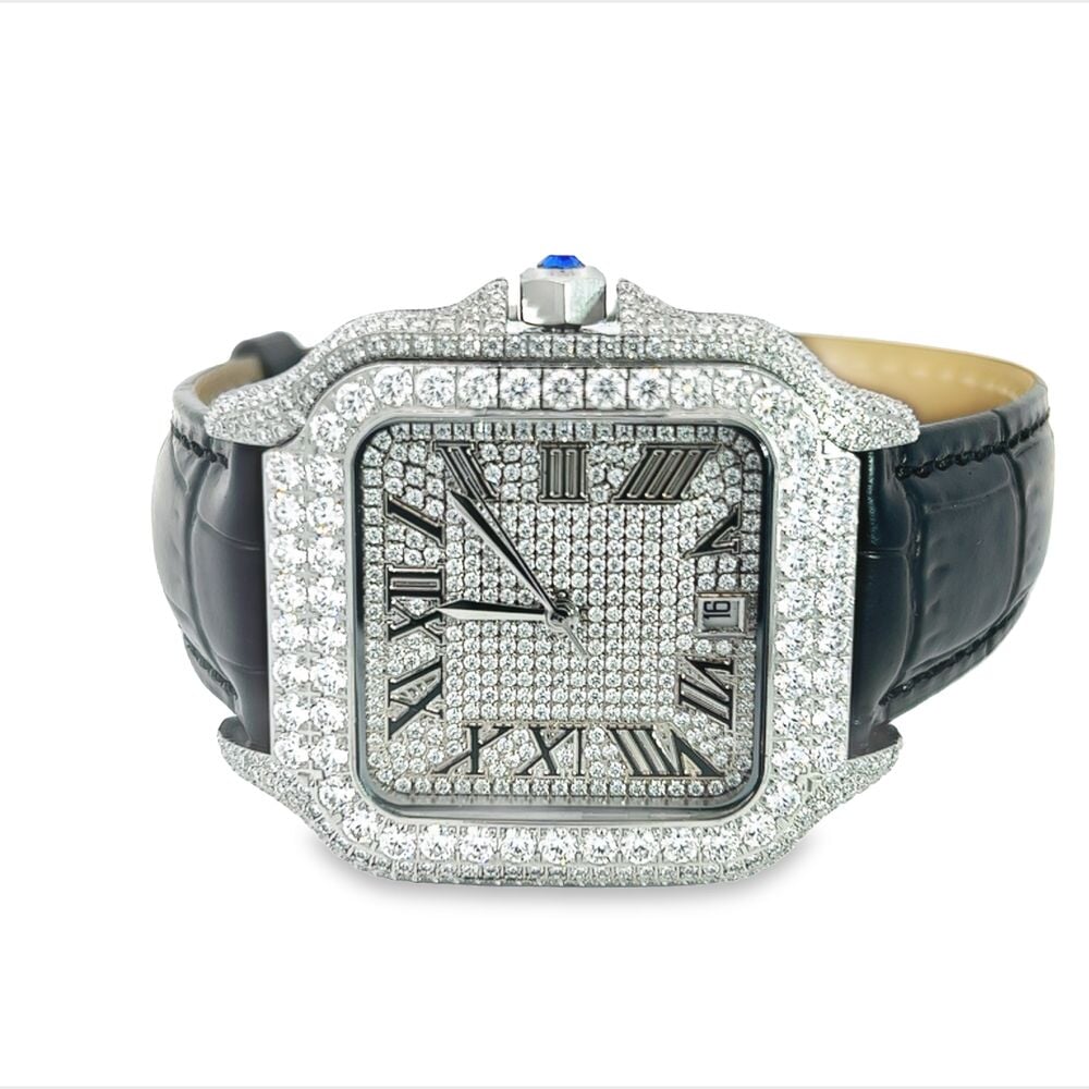 Moissanite VVS Iced Out Baller Square Leather Watch White/Black Leather Band HipHopBling