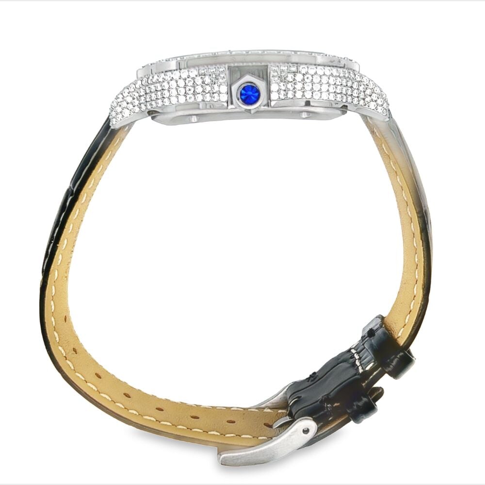 Moissanite VVS Iced Out Baller Square Leather Watch White/Blue Leather Band HipHopBling