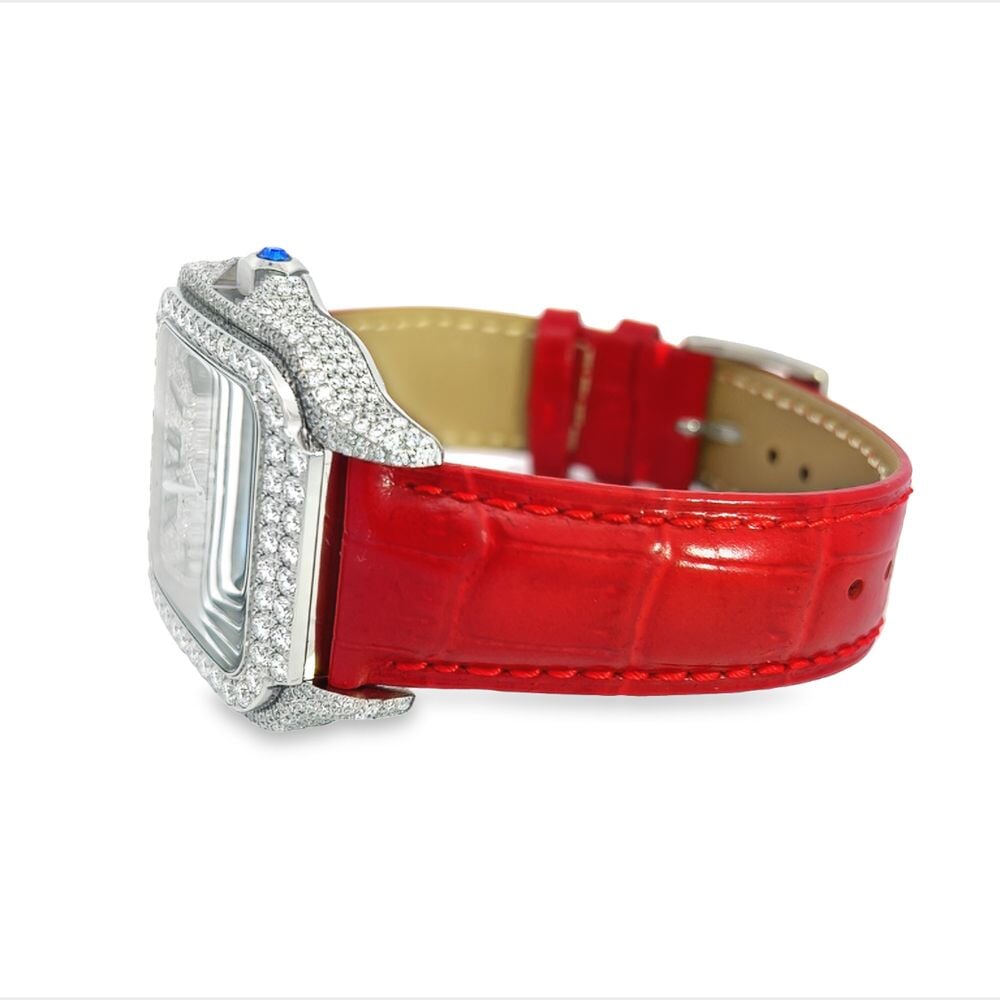 Moissanite VVS Iced Out Baller Square Leather Watch White/Blue Leather Band HipHopBling