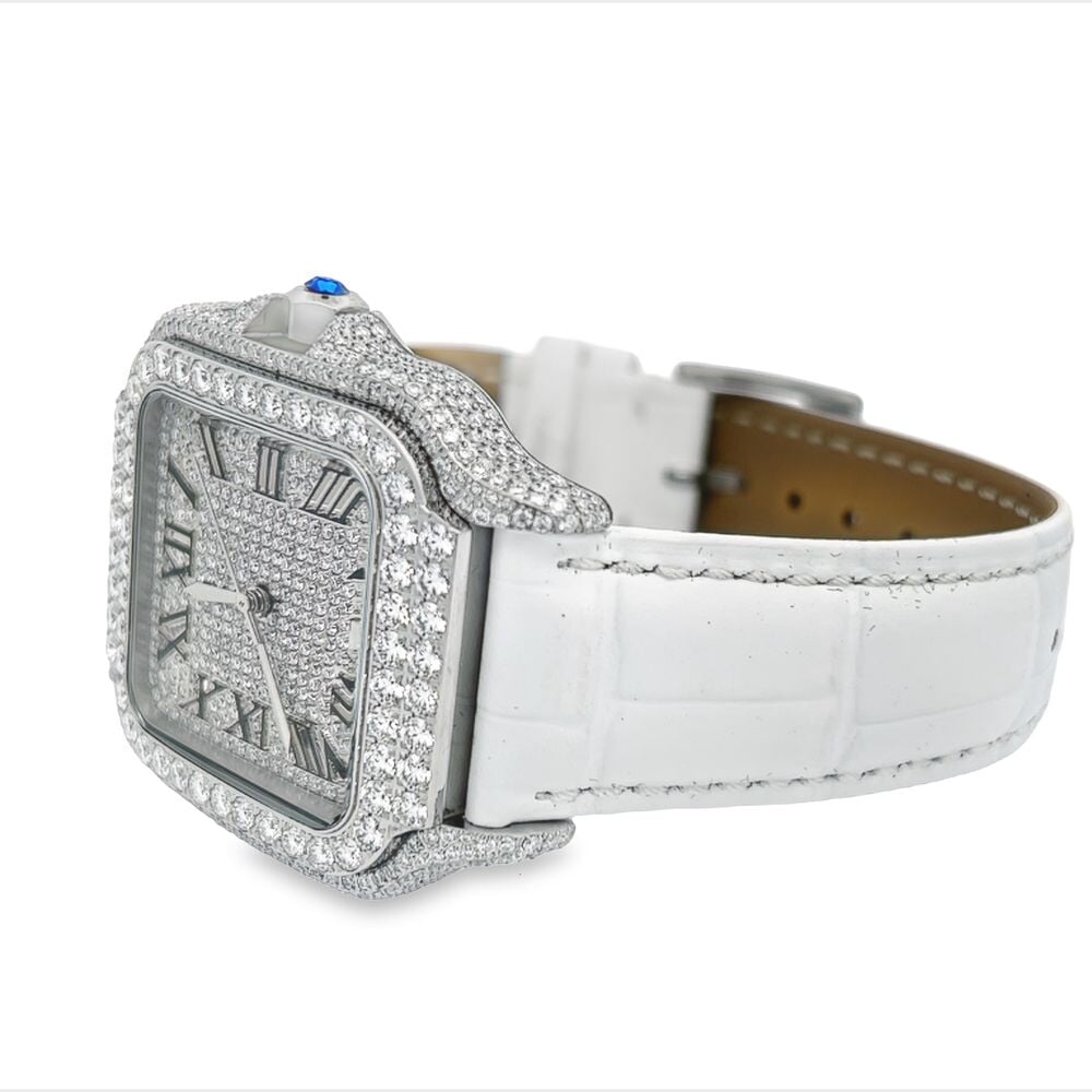 Moissanite VVS Iced Out Baller Square Leather Watch White/Blue Leather Band HipHopBling