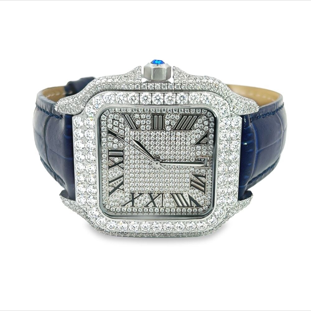 Moissanite VVS Iced Out Baller Square Leather Watch White/Blue Leather Band HipHopBling