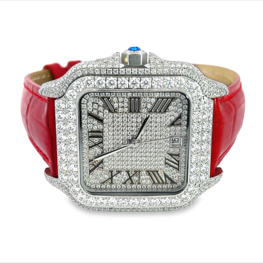 Moissanite VVS Iced Out Baller Square Leather Watch White/Red Leather HipHopBling
