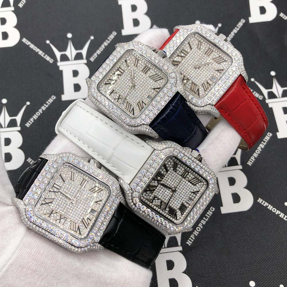 Moissanite VVS Iced Out Baller Square Leather Watch White/Red Leather HipHopBling