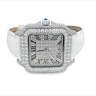 Moissanite VVS Iced Out Baller Square Leather Watch White/White Leather Band HipHopBling