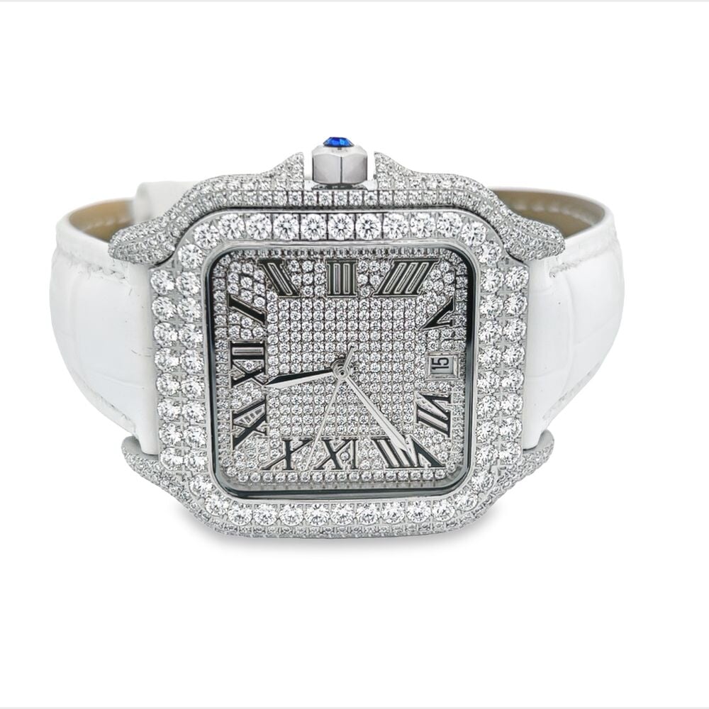 Moissanite VVS Iced Out Baller Square Leather Watch White/White Leather Band HipHopBling