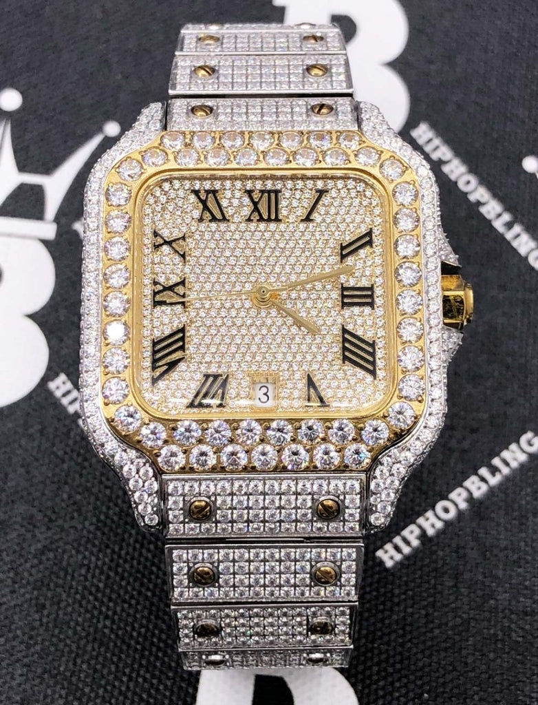 Moissanite VVS Iced Out Baller Square Steel Bust Down Watch TT Gold/White HipHopBling