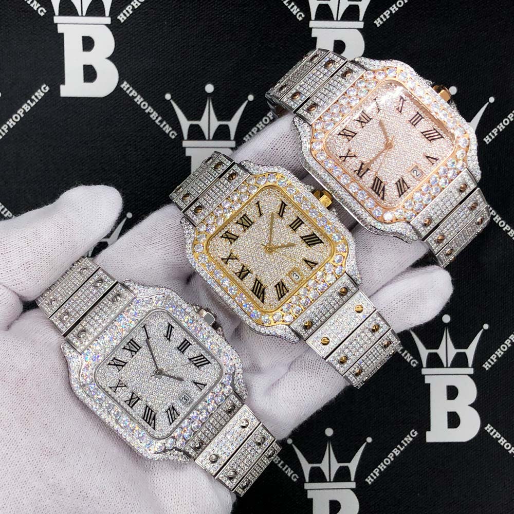 Moissanite VVS Iced Out Baller Square Steel Bust Down Watch White Gold HipHopBling
