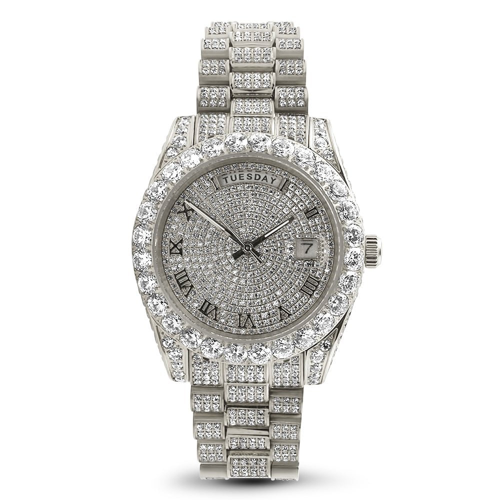 Moissanite VVS Iced Out Date Day Steel Dress Watch White Gold HipHopBling