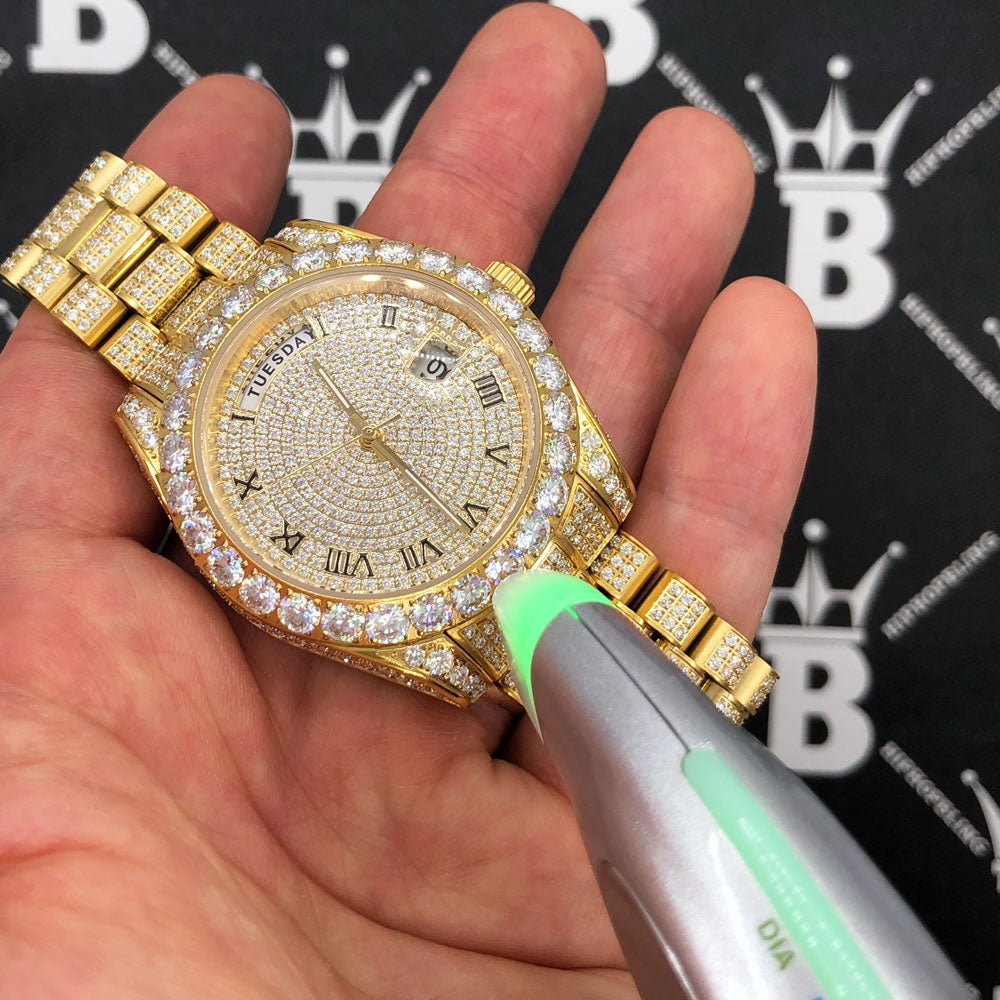 Moissanite VVS Iced Out Date Day Steel Dress Watch White Gold HipHopBling