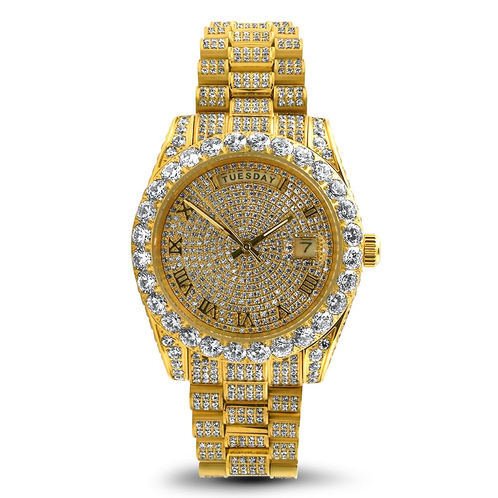 Moissanite VVS Iced Out Date Day Steel Dress Watch White Gold HipHopBling