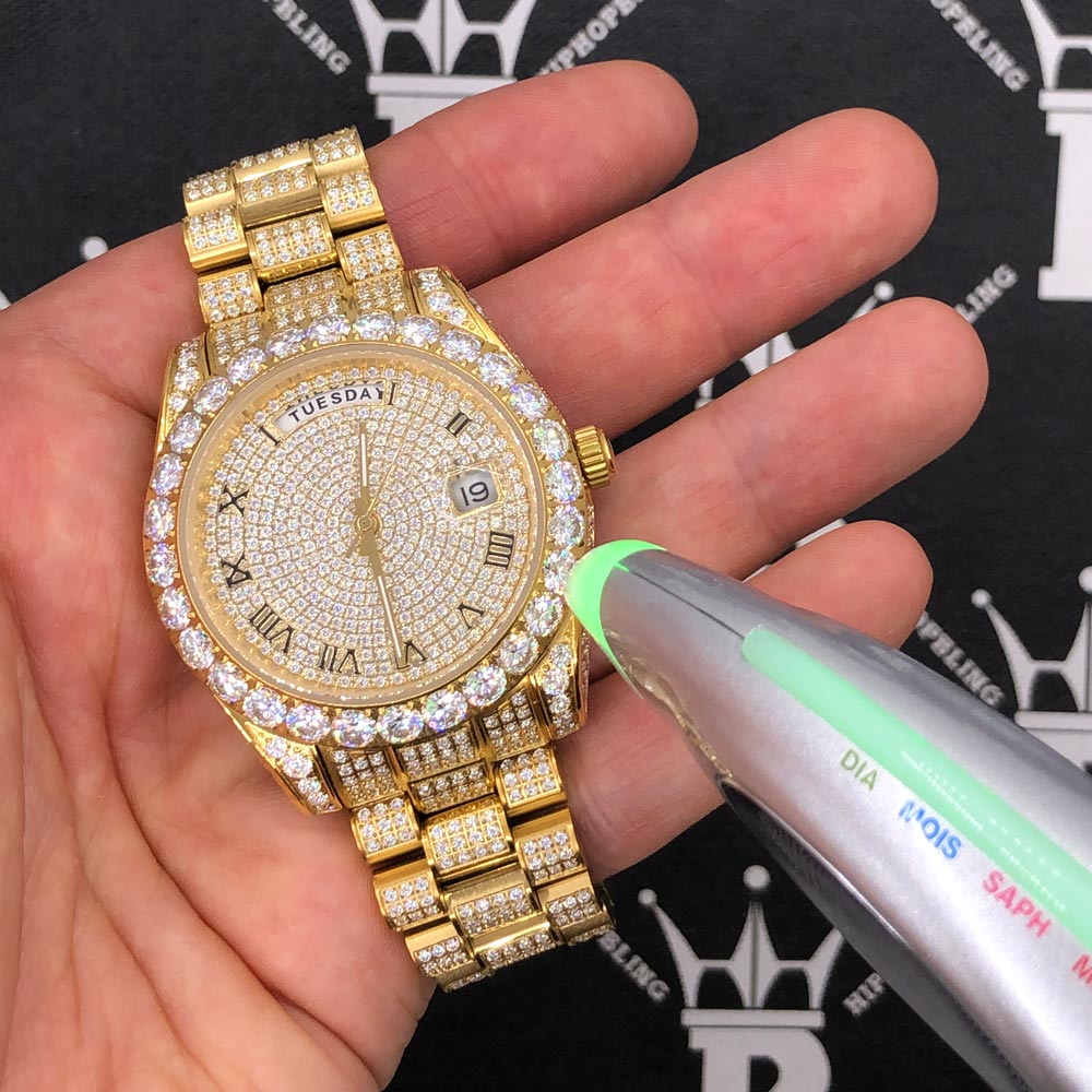 Moissanite VVS Iced Out Date Day Steel Dress Watch Yellow Gold HipHopBling