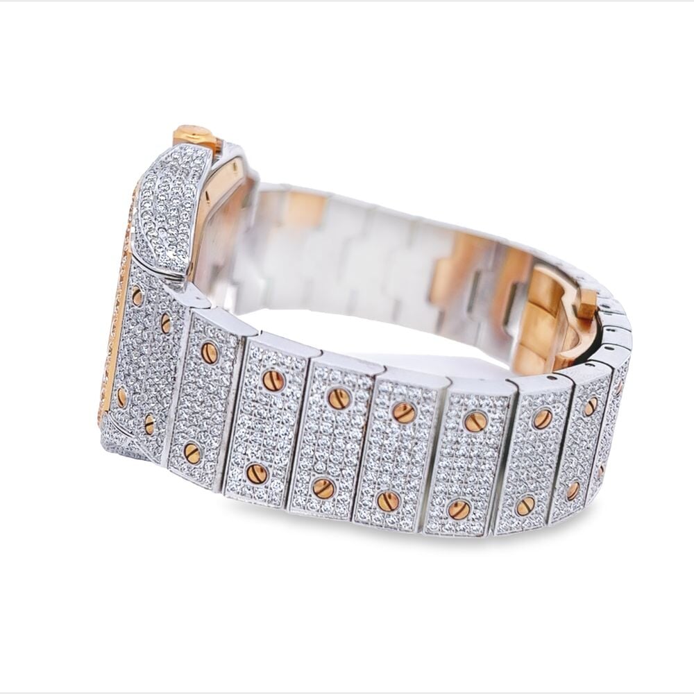 Moissanite VVS Skeleton Iced Out Baller Square Steel Watch 2 Tone Rose/White HipHopBling