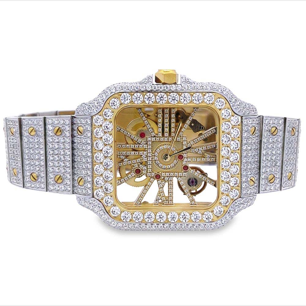 Moissanite VVS Skeleton Iced Out Baller Square Steel Watch 2 Tone Yellow/White HipHopBling