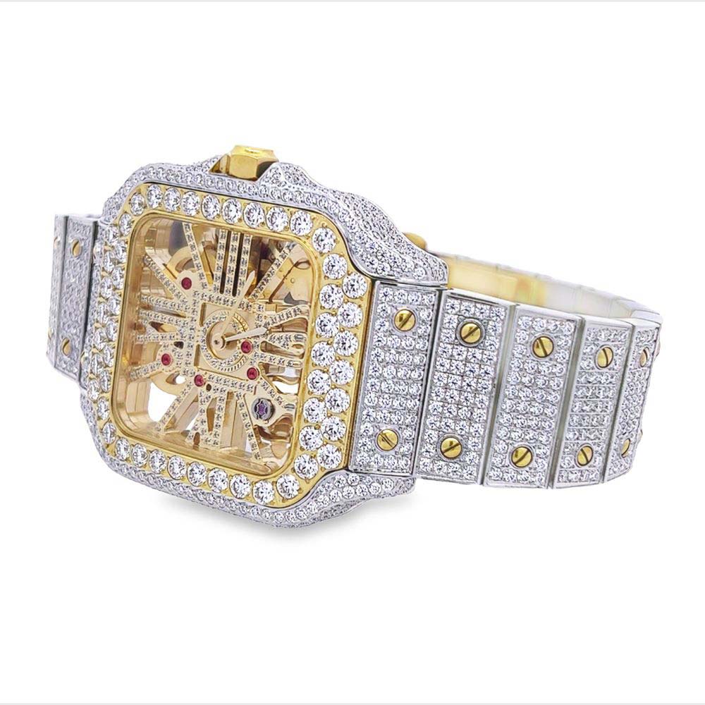 Moissanite VVS Skeleton Iced Out Baller Square Steel Watch White Gold HipHopBling