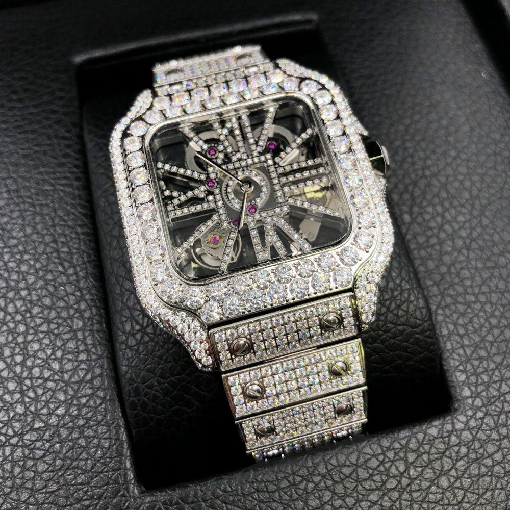 Moissanite VVS Skeleton Iced Out Baller Square Steel Watch White Gold HipHopBling
