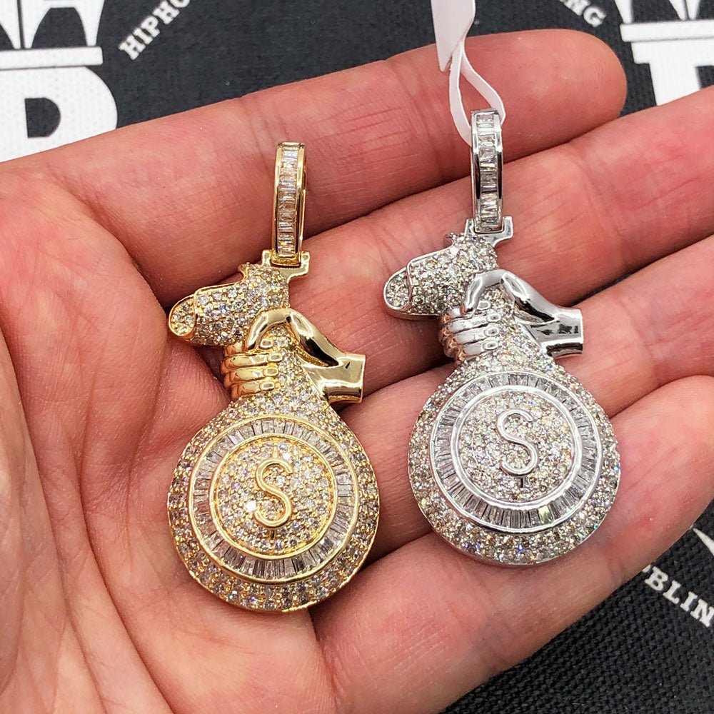 Money Bag 3.70cttw Baguette Diamond Pendant 10K White Or Yellow Gold 10K Yellow Gold HipHopBling