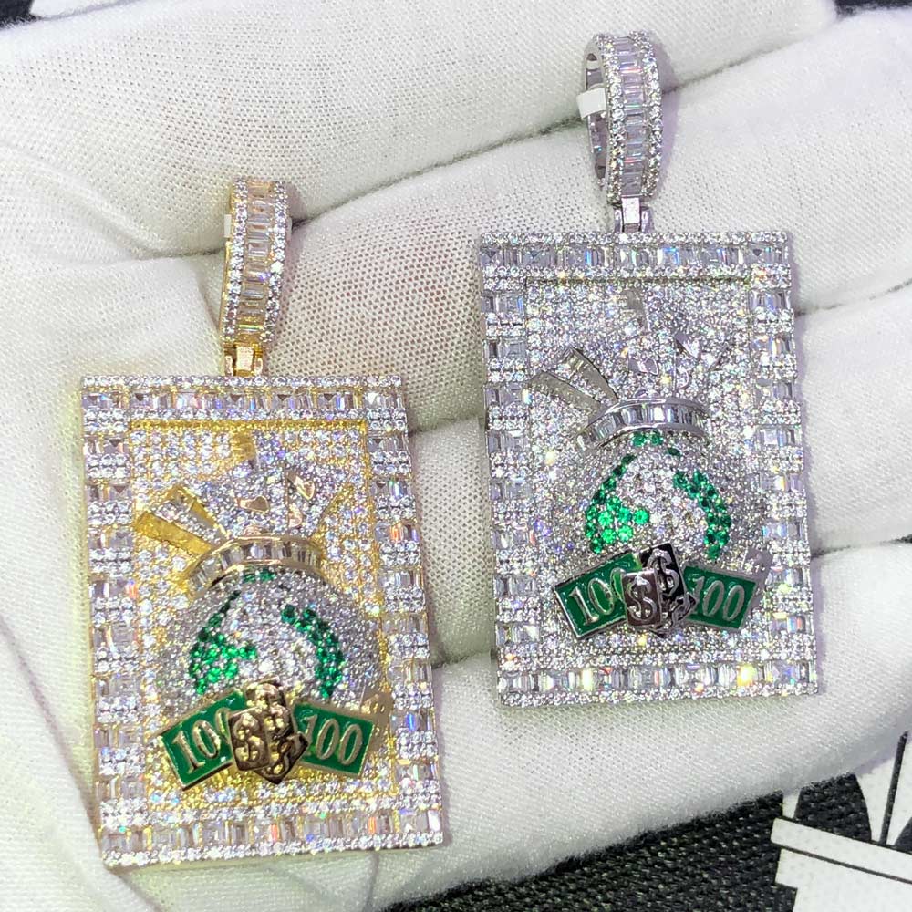 Money Bag Baguette Block VVS CZ Hip Hop Iced Out Pendant White Gold HipHopBling