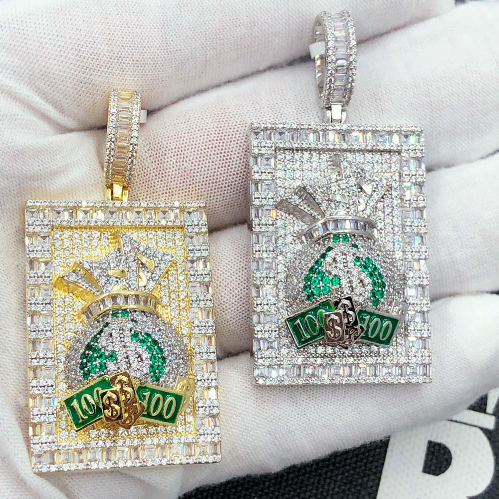 Money Bag Baguette Block VVS CZ Hip Hop Iced Out Pendant Yellow Gold HipHopBling