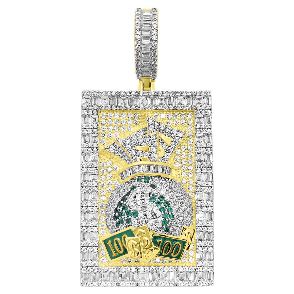Money Bag Baguette Block VVS CZ Hip Hop Iced Out Pendant Yellow Gold HipHopBling