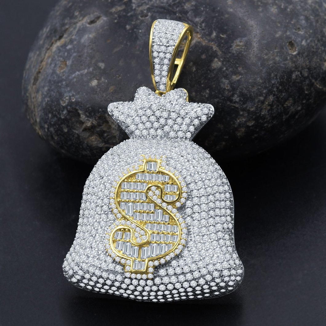 Money Bag Baguette $ VVS CZ Iced Out Pendant .925 Sterling Silver Yellow Gold HipHopBling