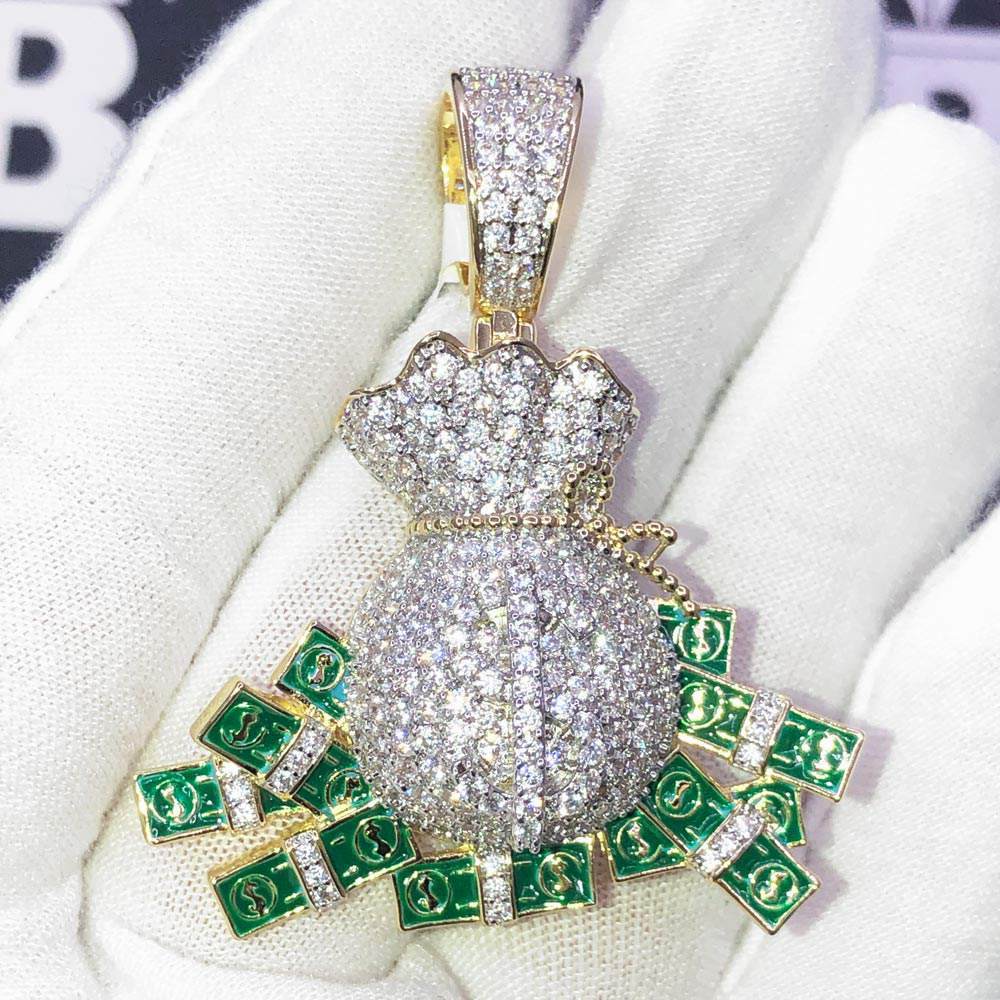 Money Bag Cash Pouring CZ Hip Hop Bling Bling Pendant Yellow Gold HipHopBling