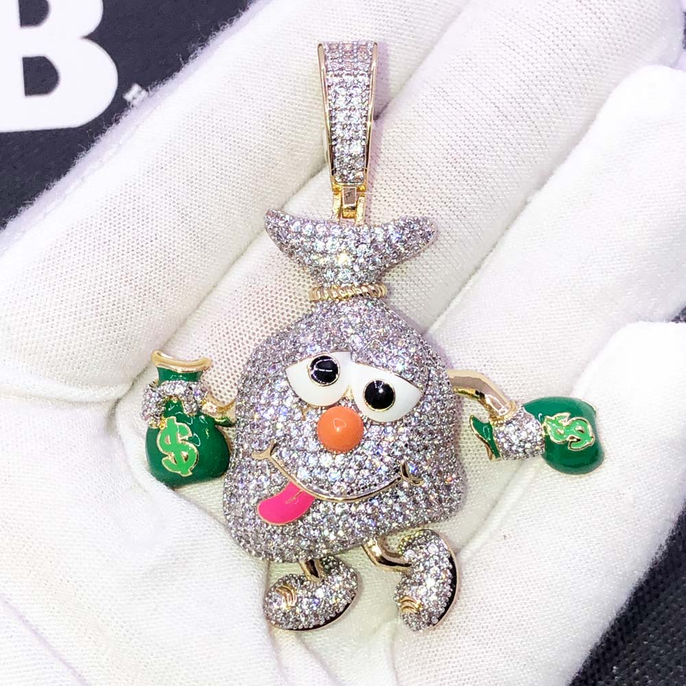Money Bag Character VVS CZ Hip Hop Iced Out Pendant Yellow Gold HipHopBling