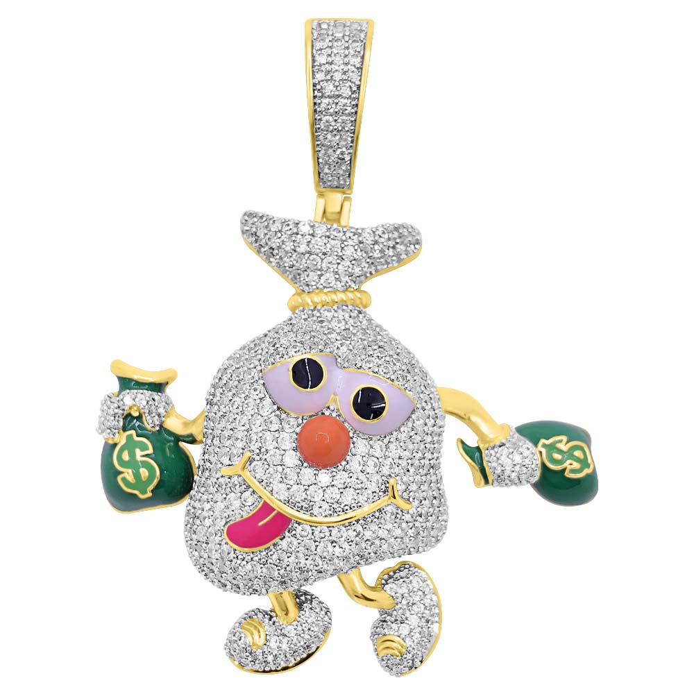 Money Bag Character VVS CZ Hip Hop Iced Out Pendant Yellow Gold HipHopBling