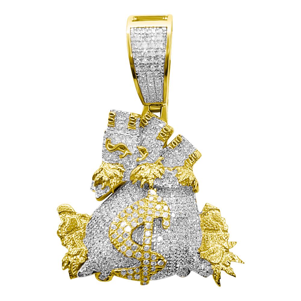 Money Bag Overflowing Diamond Pendant .75cttw 10K Yellow Gold HipHopBling
