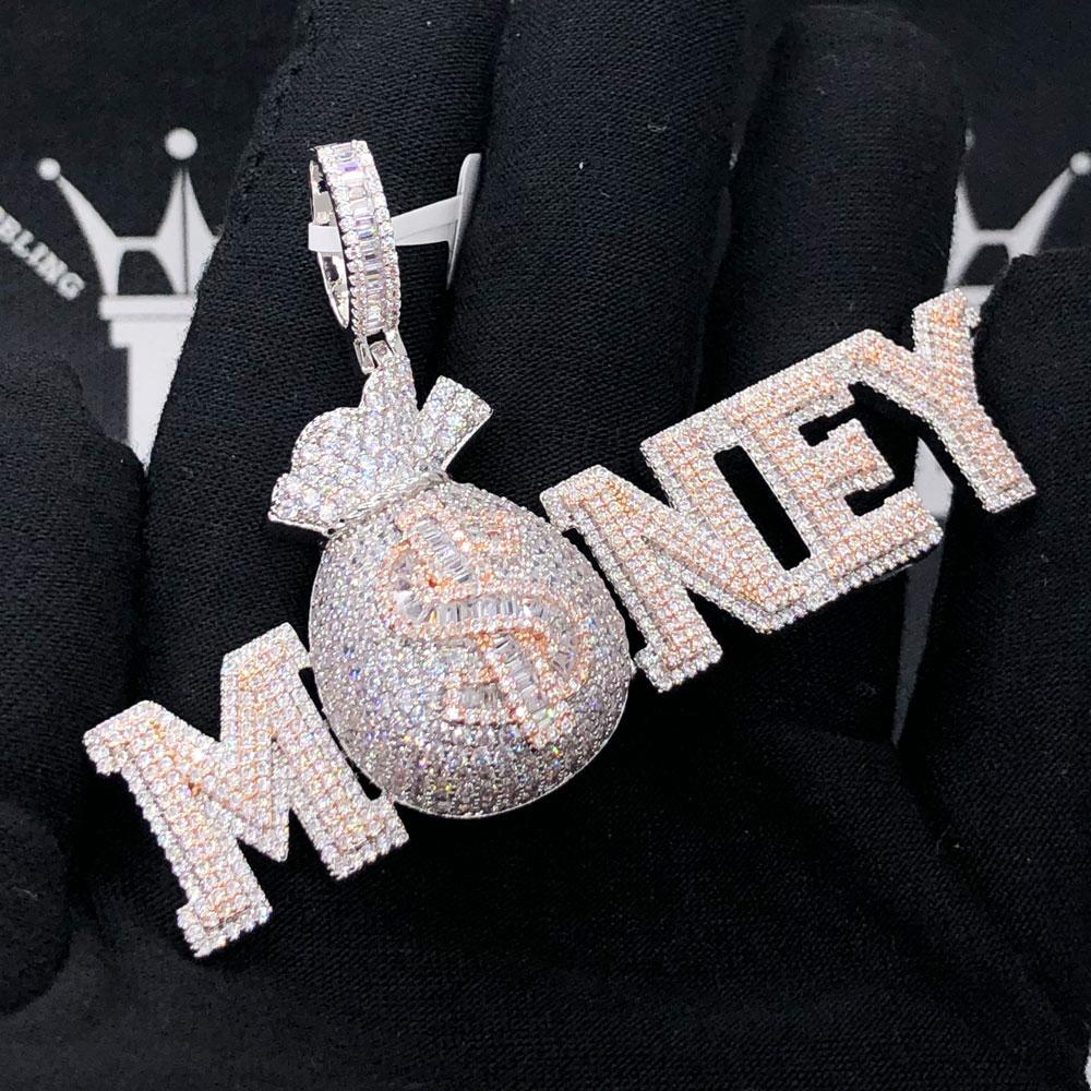 MONEY Bag VVS CZ Hip Hop Iced Out Pendant White Gold HipHopBling