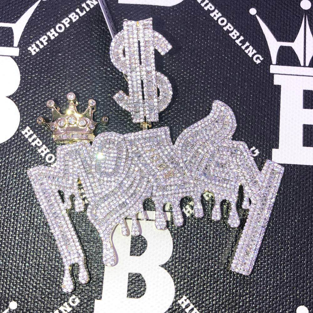 Money $ Baguette CZ Hip Hop Bling Bling Pendant Yellow Gold HipHopBling