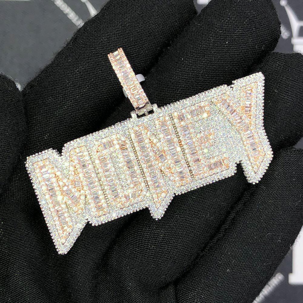 Money Baguette Plaque VVS CZ Hip Hop Iced Out Pendant White Gold HipHopBling