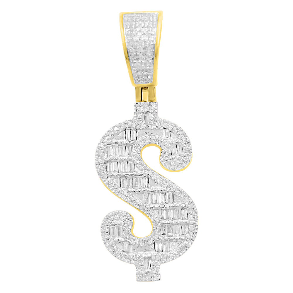 Money Dollar Sign Baguette Diamond Pendant .43cttw 10K Yellow Gold HipHopBling